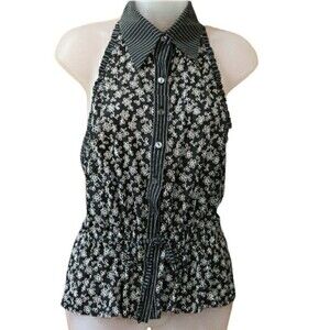 Rayure Floral Daisy Collared Halter Top Cinch Waist France 46 Medium